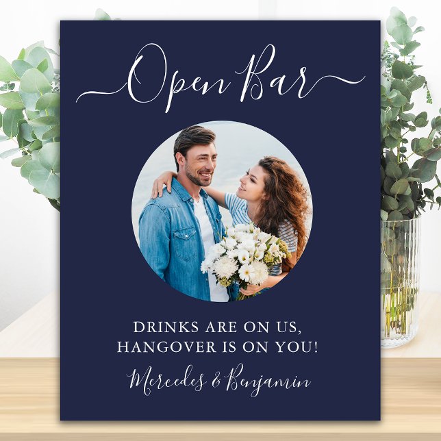 Open Bar Custom Foto Navy Blue Wedding Drinks Poster (Von Creator hochgeladen)