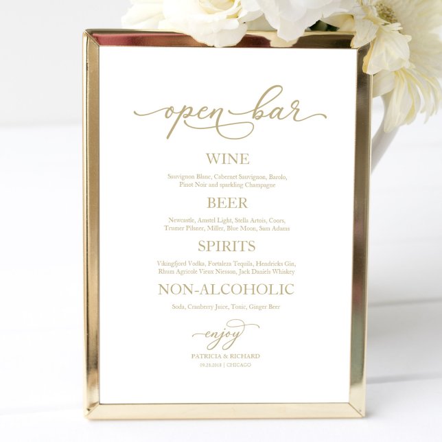 Open Bar Elegant Gold Calligraphy Wedding Sign Poster (Von Creator hochgeladen)