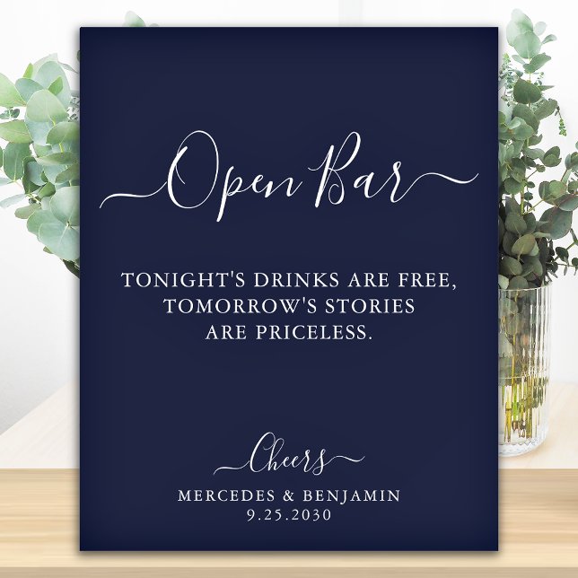 Open Bar Personalisiert Navy Blue Wedding Drinks Poster (Von Creator hochgeladen)