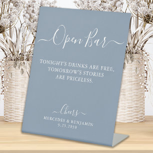 Open Bar Personalize Dusty Blue Wedding Drinks Bar Sockelschild
