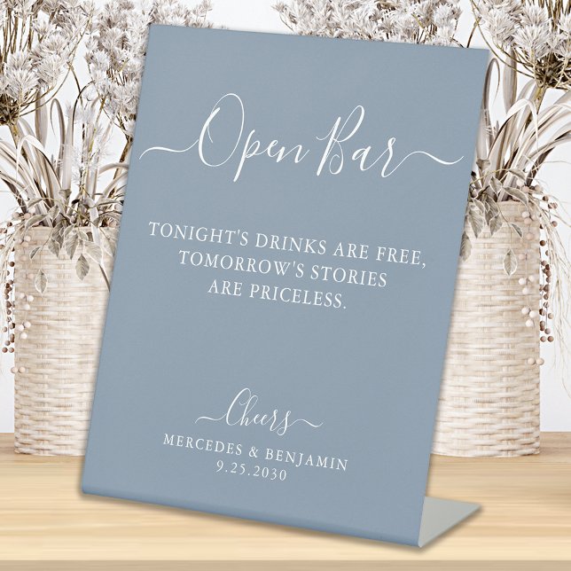 Open Bar Personalize Dusty Blue Wedding Drinks Bar Sockelschild (Von Creator hochgeladen)