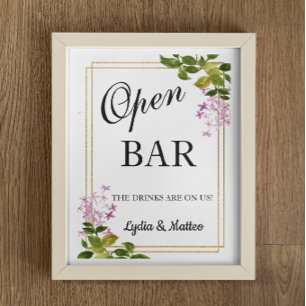 Open Bar Pink Floral Hochzeitsschild 8x10 Poster