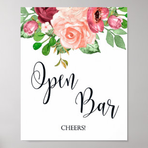 Open Bar Pink Floral Hochzeitsschild Poster