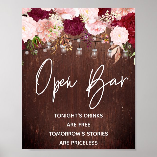 Open Bar String Lights Wood Burgundy Mason Jar Poster (Vorne)