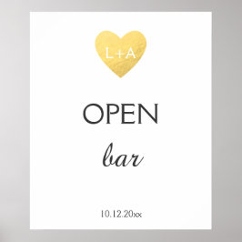 Open Bar Wedding Schild, Imitat Goldherz Poster