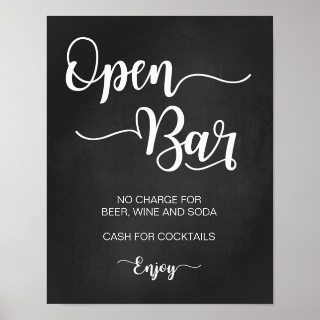 Open Bar Wedding Sign | Moderne kalligraphische Ze Poster (Vorne)