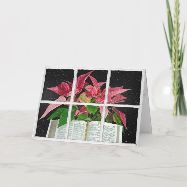 Open Bible with Poinsettias in Window Karte (Vorderseite)