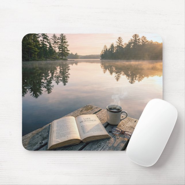 Open Book With Coffee On a Lake Dock Mousepad (Mit Mouse)