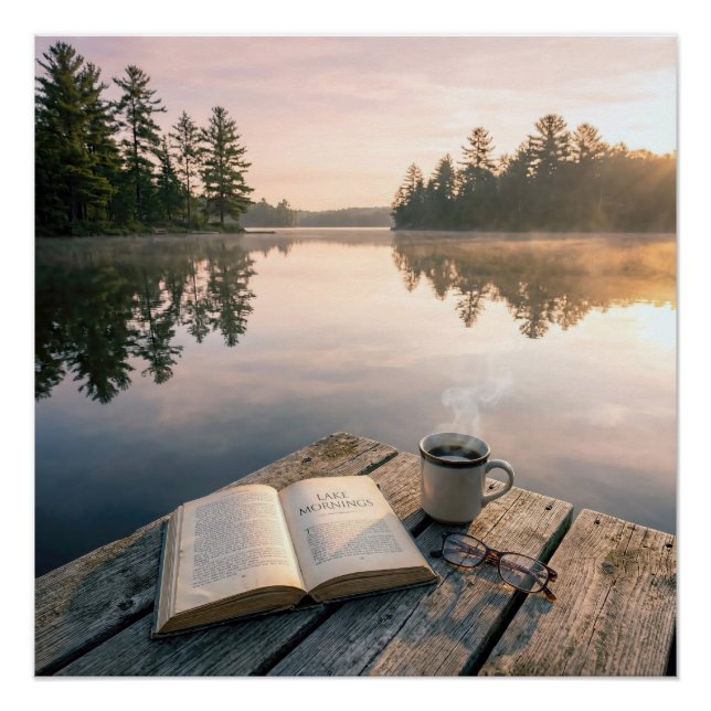 Open Book With Coffee On a Lake Dock Poster (Vorderseite)