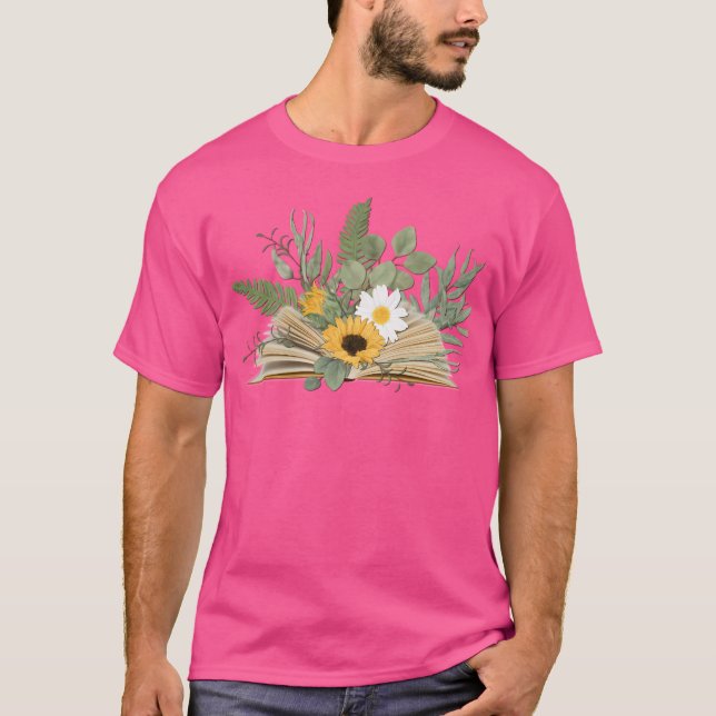Open Book With Florals And Leaves T-Shirt (Vorderseite)