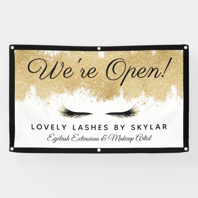 Open Business Gold Black Eyelash Beauty Salon Banner (Horizontal)
