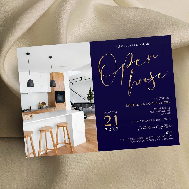 Open House-Foto für Navy Blue & Gold Business-Logo Einladung (Elegant navy blue & gold open house photo invitation for your event)