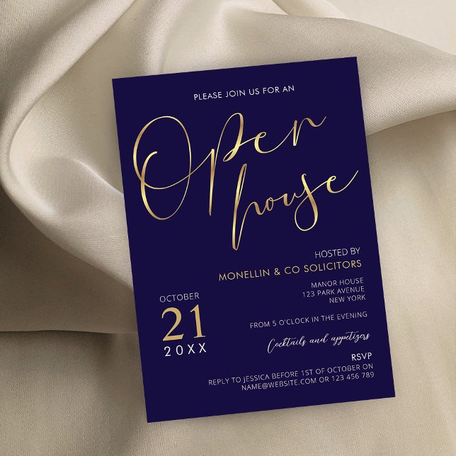 Open House für Navy Blue & Gold Script Einladung (Von Creator hochgeladen)