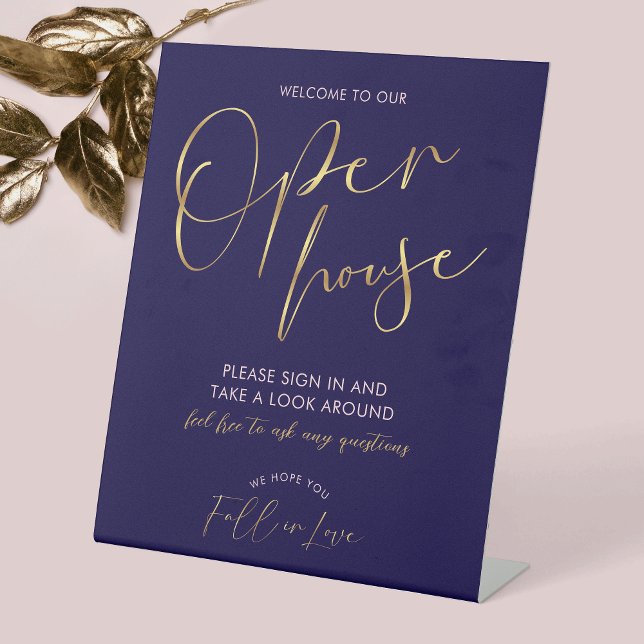 Open House Real Anwesen Beruflich Navy & Gold Sockelschild (Elegant navy and faux gold Open House welcome sign, great to welcome guests at your next event)