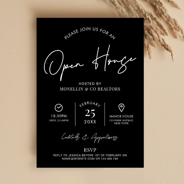 Open House Real Estate Minimalist Black & White Einladung (Minimalist black and white open house event invitation)