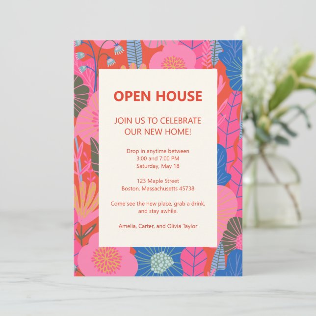 Open House Tropical Floral Pink Red Housewarming Einladung (Stehend Vorderseite)