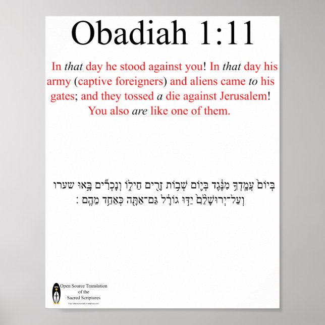Open Source Translation Obadiah 1:11 Poster (Vorne)