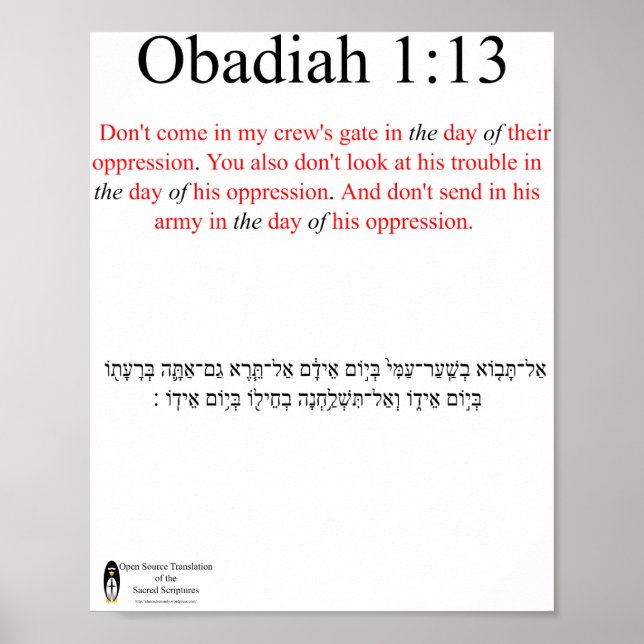 Open Source Translation Obadiah 1:13 Poster (Vorne)