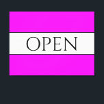 OPEN Sporty Fun Helle Tropenrosa Weiße Streifen Leinwanddruck<br><div class="desc">Dieses lustige,  nostalgische Design bietet einen OPEN-Text in einem breiten,  weißen Mittelstreifen,  der mit schwarzen Nadelstreifen gegen eine helle,  breite tropische rosa Hintergrundstreifen hervorgehoben ist. Der Text kann personalisiert sein.</div>