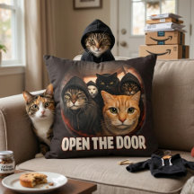 Open The Door Funny Cats in Hoodies Throw Pillow