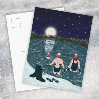Open water swimming in a lake with snow Christmas Feiertagspostkarte