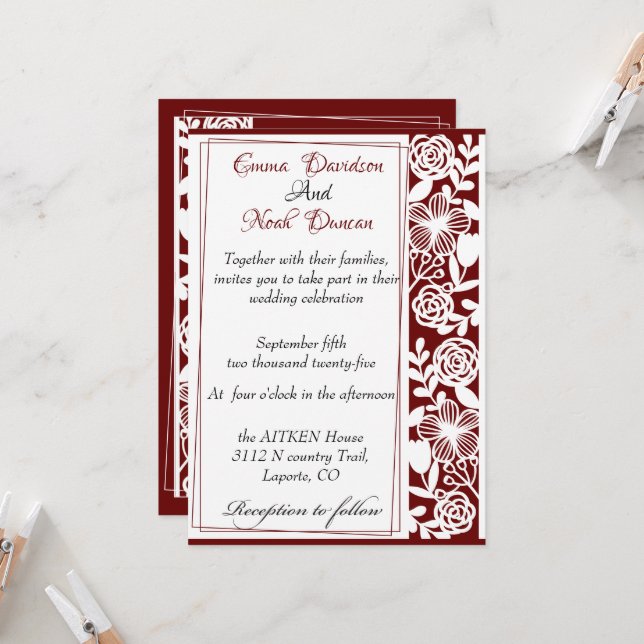 Open-Work Elegant Maroon Hochzeitskarte Einladung (Vorderseite/Rückseite Beispiel)