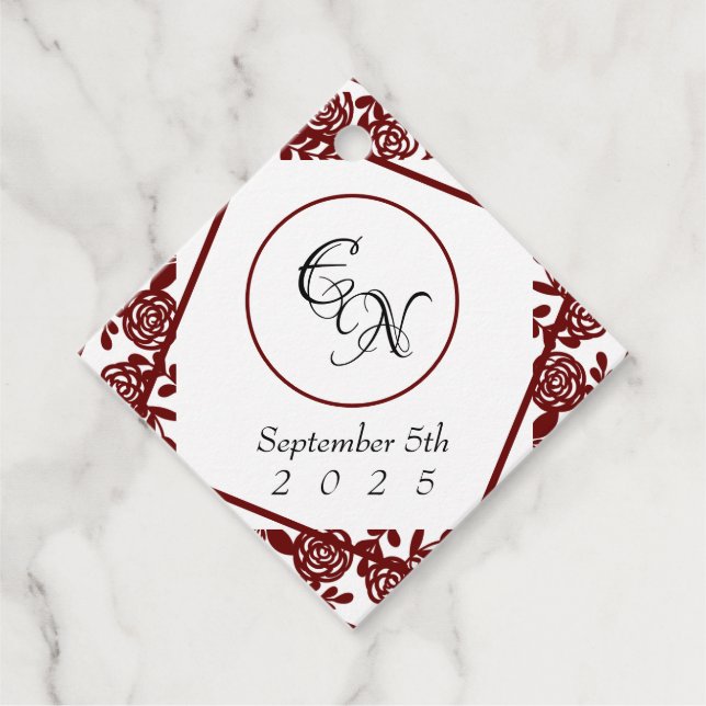 Open-Work Monogram White-Burgund Hochzeit Geschenkanhänger (Vorderseite)
