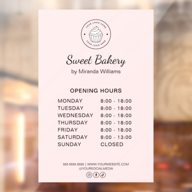 Opening Hours Custom Logo Pink Bakery Business Fensteraufkleber (Blatt 2)