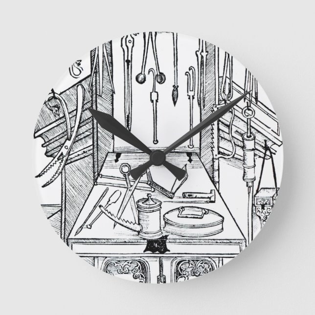 Operationstisch und chirurgische Instrumente, von Runde Wanduhr (Vorderseite)