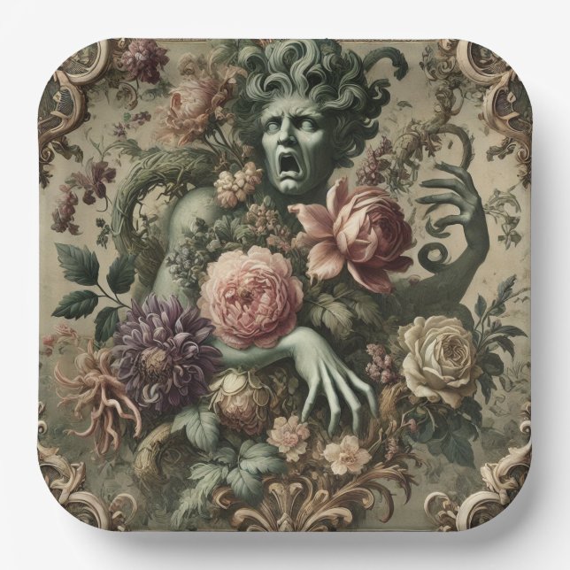 Opernopulenz - gotisches, florales Barockkissen Pappteller (Vorderseite)