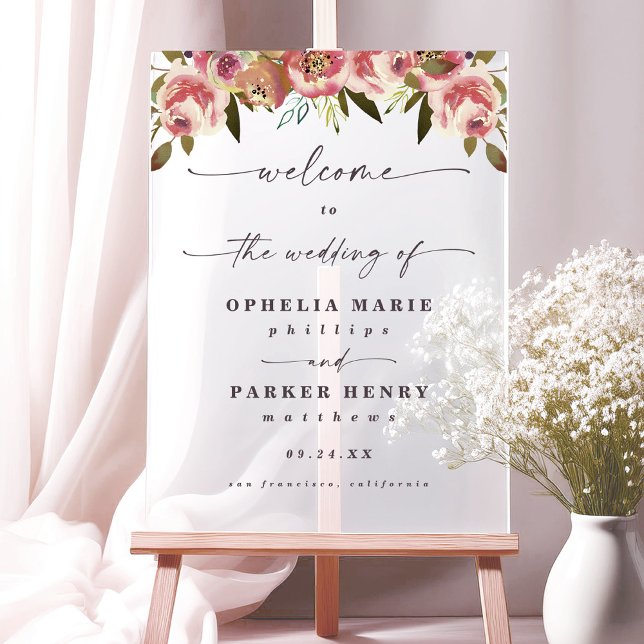 Ophelia Cotattecore Rosa Blumenzehen Begrüßung Acrylschild (Say "I DO" to Romantic Watercolor Florals and a Cottagecore Vibe with the Ophelia Wedding Suite.)