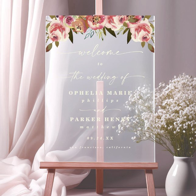 Ophelia Cotattecore Rosa Blumenzehen Begrüßung Acrylschild (Say "I DO" to Romantic Watercolor Florals and a Cottagecore Vibe with the Ophelia Wedding Suite.)