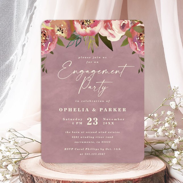 Ophelia Cottattcore Pink Floral Engagement Party Einladung (Say "I DO" to Romantic Watercolor Florals and a Cottagecore Vibe with the Ophelia Wedding Suite.)