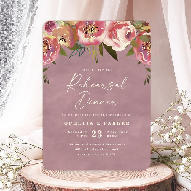 Ophelia Dusty Pink Floral Hochzeitsessen Probe Din Einladung (Say "I DO" to Romantic Watercolor Florals and a Cottagecore Vibe with the Ophelia Wedding Suite.)