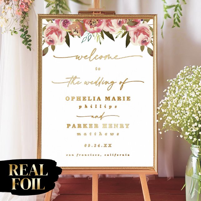 Ophelia Elegant Floral Weddiing Welcome Real Gold Foliendrucke (Say "I DO" to Romantic Watercolor Florals and a Cottagecore Vibe with the Ophelia Wedding Suite.)