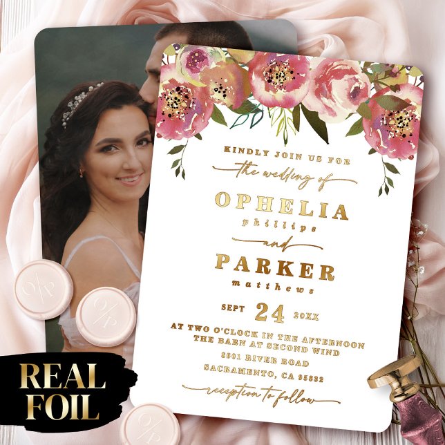 Ophelia Floral Verlobung Foto Wedding Real Gold Folieneinladung (Say "I DO" to Romantic Watercolor Florals and a Cottagecore Vibe with the Ophelia Wedding Suite.)