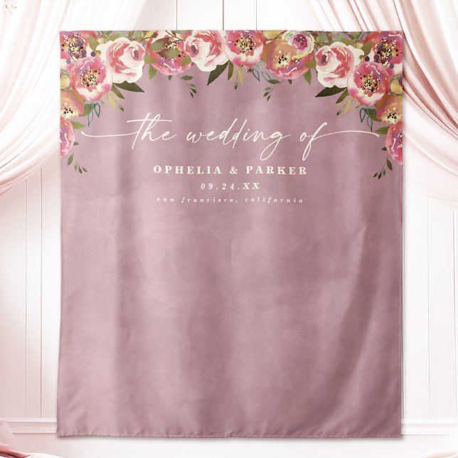 Ophelia Pink Begrüßungsfotografie Hintergrund Wandteppich (Say "I DO" to Romantic Watercolor Florals and a Cottagecore Vibe with the Ophelia Wedding Suite.)