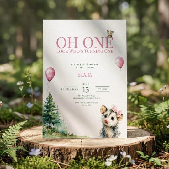 Opossum Birthday Invitation • Oh One 1st Birthday Save The Date (Watercolor birthday invitation with opossum and pine trees)