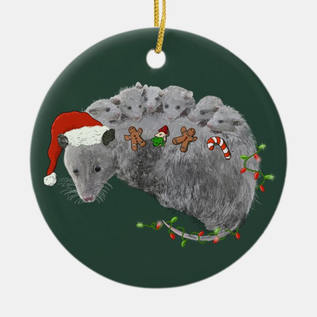 Opossum Christmas Baby Possum in Lights ummantelt Keramik Ornament (Vorne)
