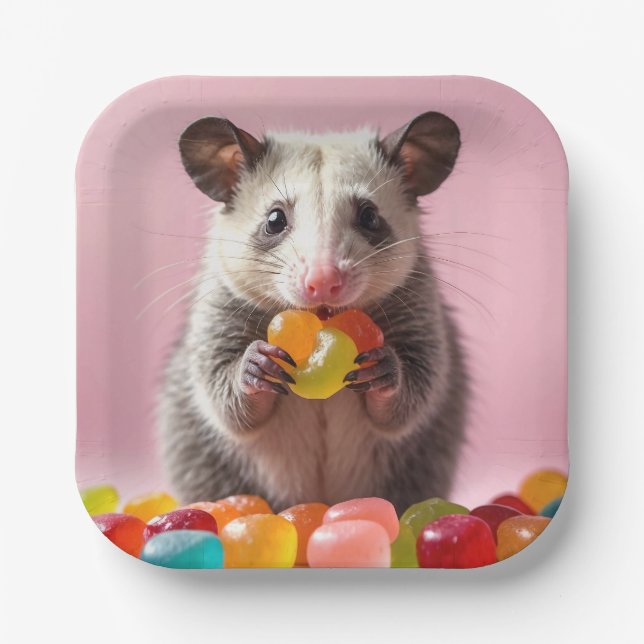 Opossum Eating Gummy Sweeties Pappteller (Vorderseite)