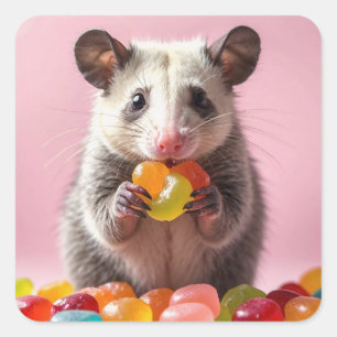 Opossum Eating Gummy Sweeties Quadratischer Aufkleber