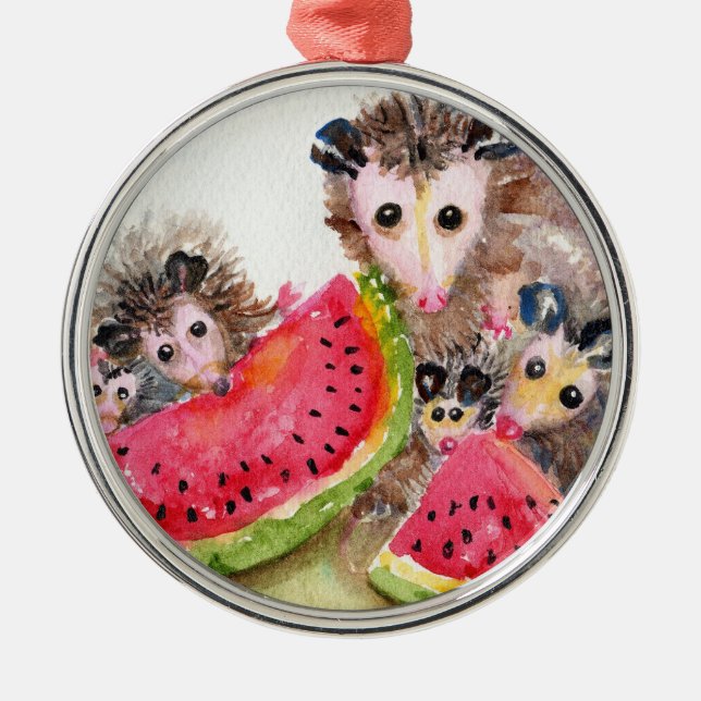 Opossum-Familien-Picknick-Verzierung Silbernes Ornament (Vorne)