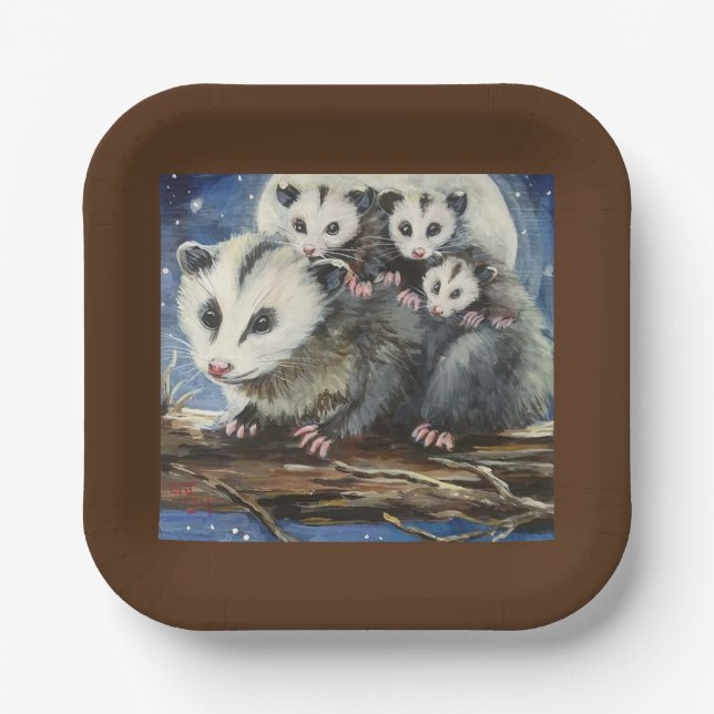 opossum Mama und Babys Papier Teller (Vorderseite)
