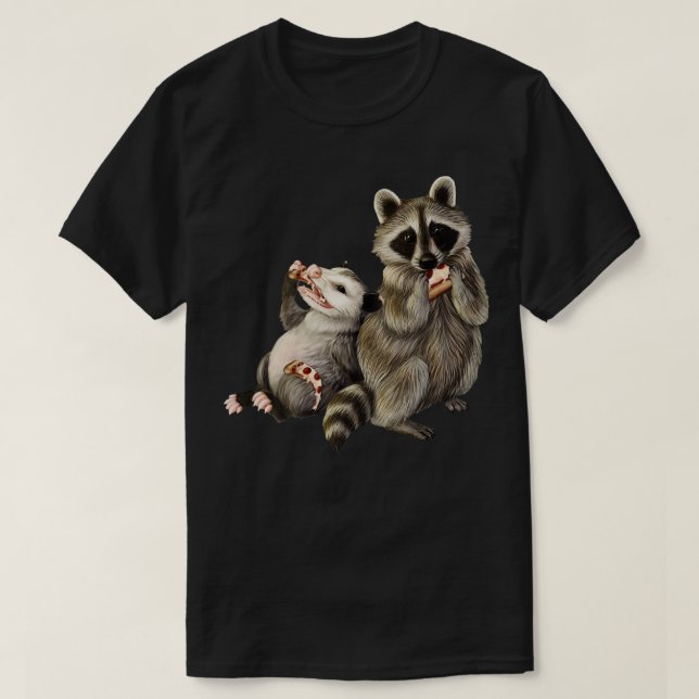 Opossum und Raccoon essen Pizza T-Shirt (Design vorne)