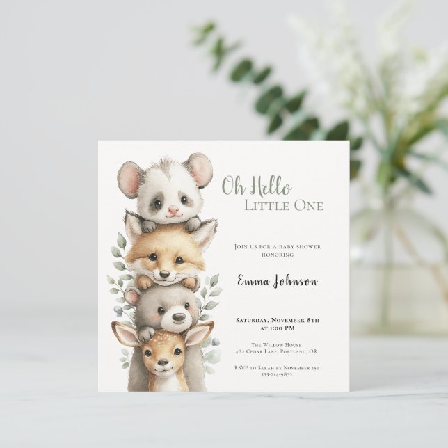 Opossum Woodland Baby Shower Invitation (Stehend Vorderseite)