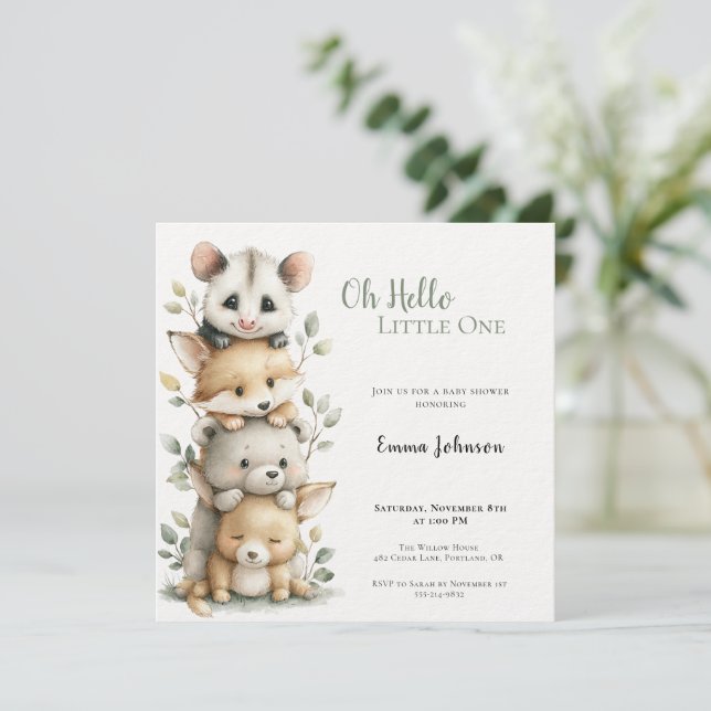 Opossum Woodland Baby Shower Invitation Einladung (Stehend Vorderseite)