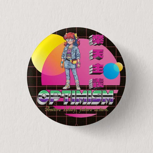 Optimismus Retrowave Anime Mädchen  Knopf Button (Vorderseite)