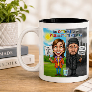 Optimist vs Pessimist Lustige Kassen-Devise Zweifarbige Tasse