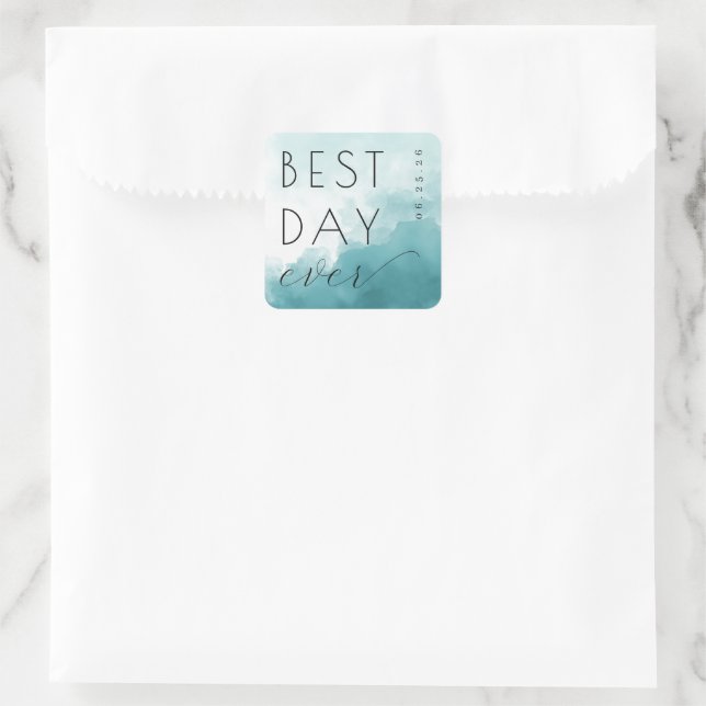 Optimistic Teal Watercolor Waves Quadratischer Aufkleber (Tasche)