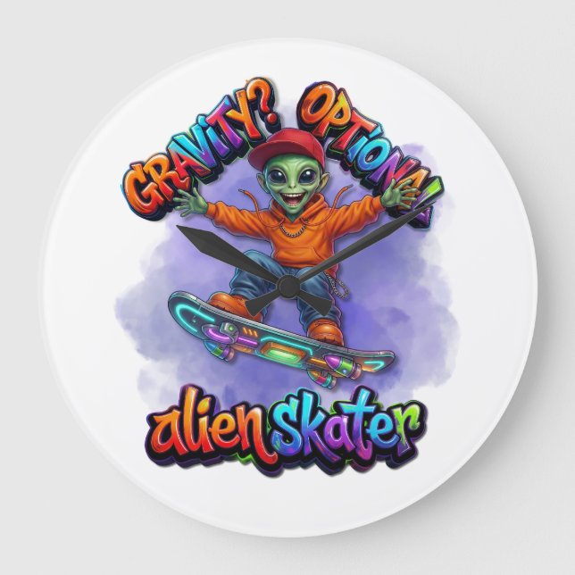 Optional Gravity Alien Skater Hoverboard Weltraum  Große Wanduhr (Vorderseite)